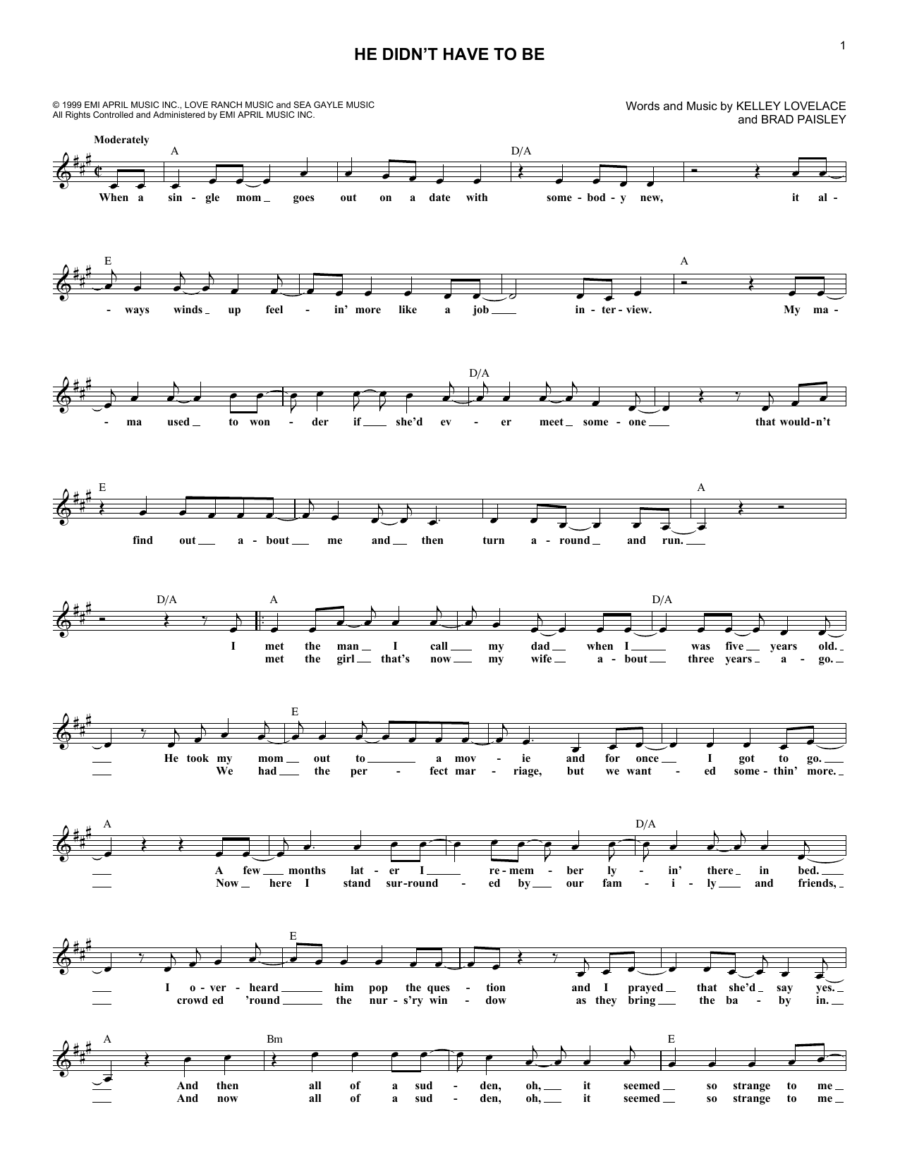 Brad Paisley He Didn't Have To Be Sheet Music Notes & Chords for Melody Line, Lyrics & Chords - Download or Print PDF
