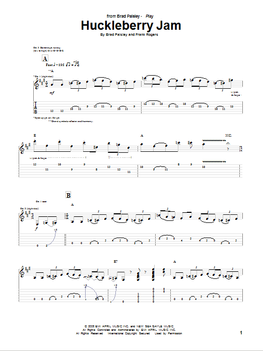 Brad Paisley Huckleberry Jam Sheet Music Notes & Chords for Guitar Tab - Download or Print PDF Brad Paisley Huckleberry Jam Sheet Music Notes & Chords for Guitar Tab - Download or Print PDF