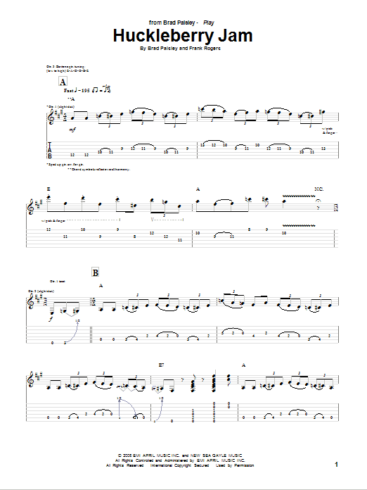 Brad Paisley Huckleberry Jam Sheet Music Notes & Chords for Guitar Tab - Download or Print PDF