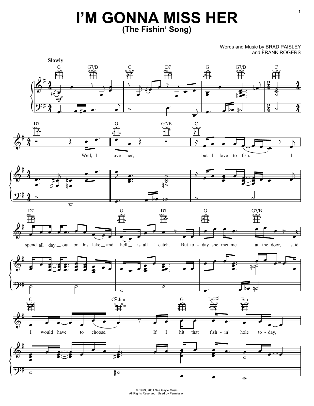 Brad Paisley I'm Gonna Miss Her (The Fishin' Song) Sheet Music Notes & Chords for Piano, Vocal & Guitar (Right-Hand Melody) - Download or Print PDF