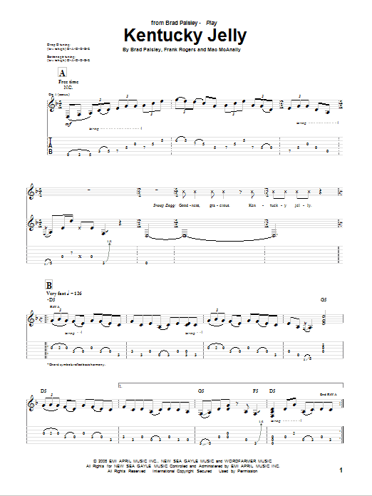 Brad Paisley Kentucky Jelly Sheet Music Notes & Chords for Guitar Tab - Download or Print PDF