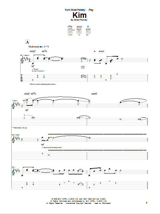 Brad Paisley Kim Sheet Music Notes & Chords for Guitar Tab - Download or Print PDF