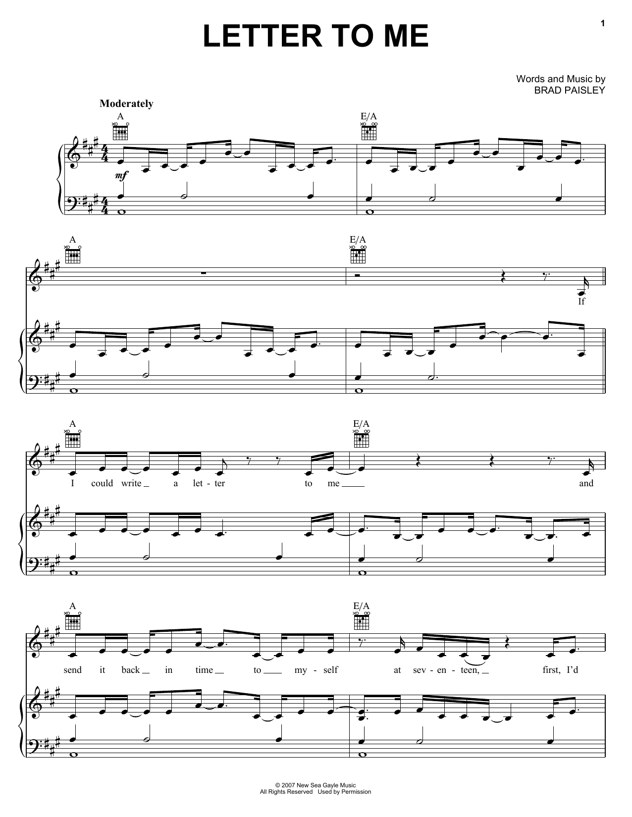 Brad Paisley Letter To Me Sheet Music Notes & Chords for Piano, Vocal & Guitar (Right-Hand Melody) - Download or Print PDF