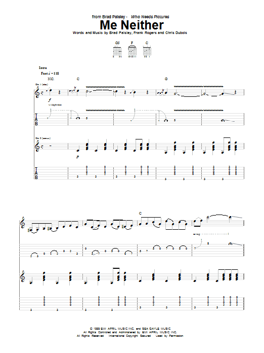 Brad Paisley Me Neither Sheet Music Notes & Chords for Guitar Tab - Download or Print PDF