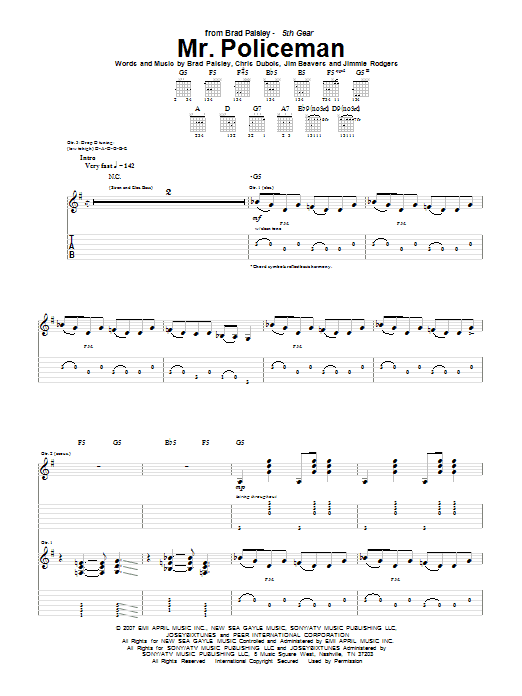 Brad Paisley Mr. Policeman Sheet Music Notes & Chords for Guitar Tab - Download or Print PDF