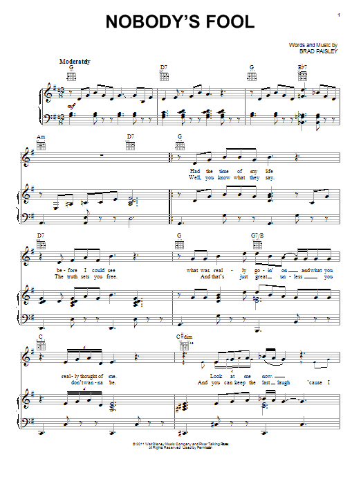 Brad Paisley Nobody's Fool Sheet Music Notes & Chords for Easy Piano - Download or Print PDF