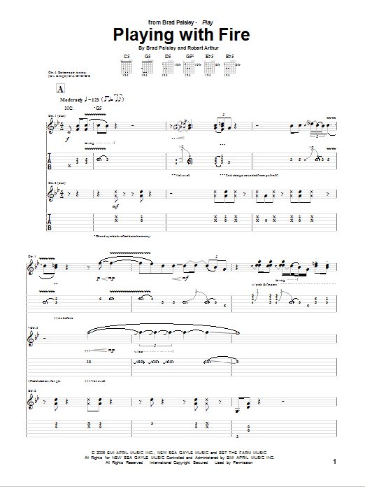 Brad Paisley Playing With Fire Sheet Music Notes & Chords for Guitar Tab - Download or Print PDF