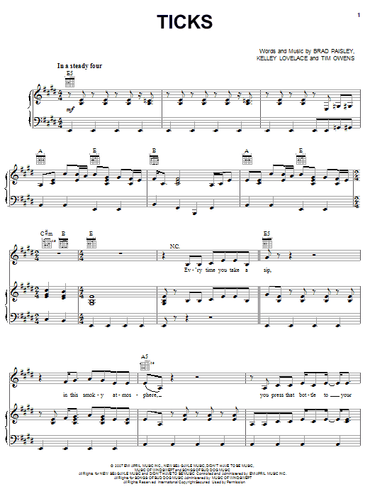 Brad Paisley Ticks Sheet Music Notes & Chords for Easy Guitar Tab - Download or Print PDF