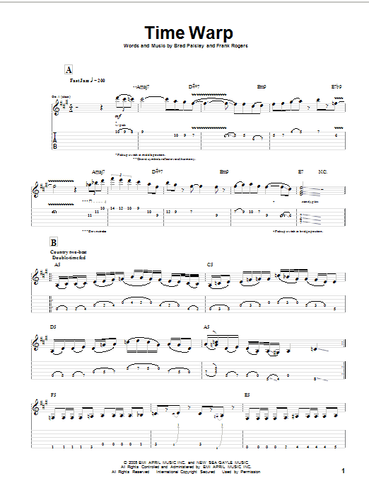 Brad Paisley Time Warp Sheet Music Notes & Chords for Guitar Tab Play-Along - Download or Print PDF