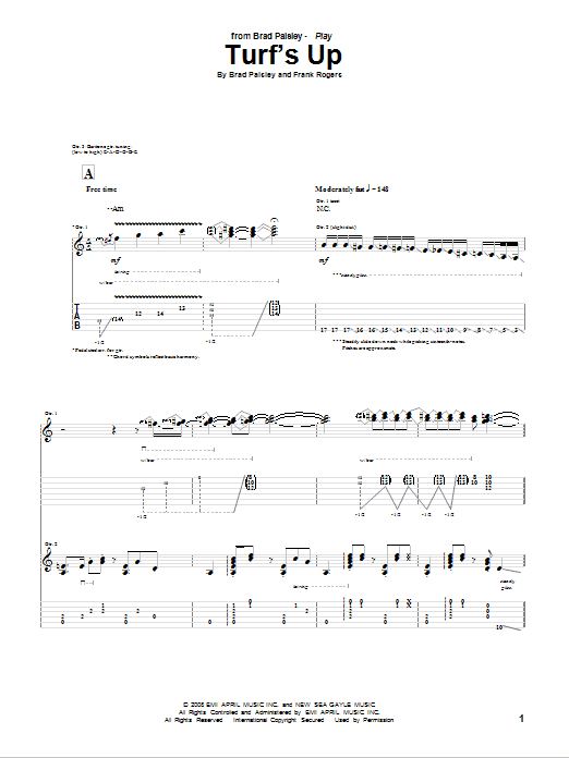 Brad Paisley Turf's Up Sheet Music Notes & Chords for Guitar Tab - Download or Print PDF