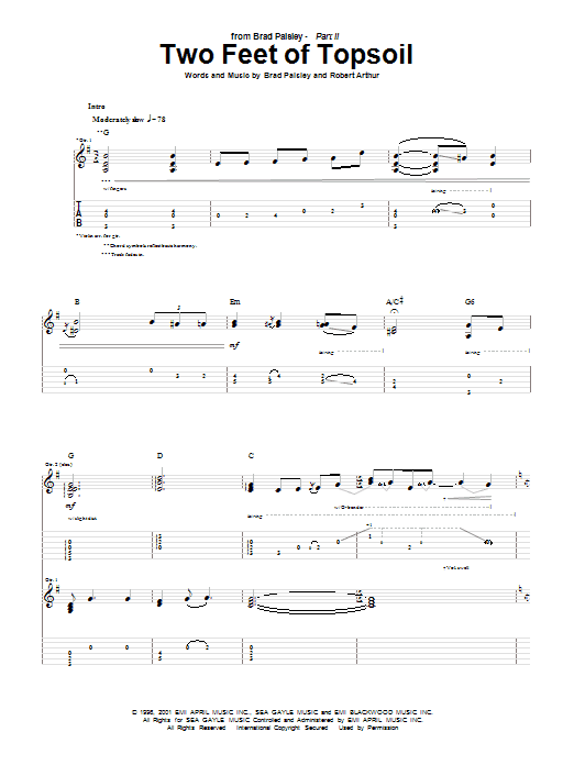 Brad Paisley Two Feet Of Topsoil Sheet Music Notes & Chords for Guitar Tab - Download or Print PDF