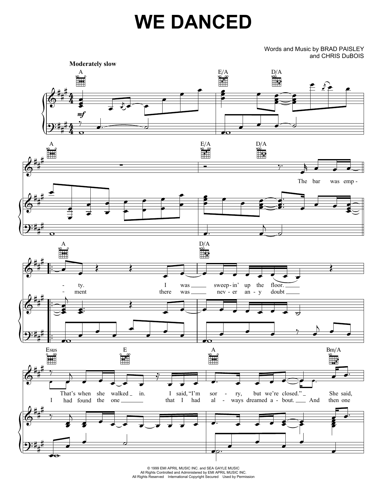 Brad Paisley We Danced Sheet Music Notes & Chords for Piano, Vocal & Guitar (Right-Hand Melody) - Download or Print PDF