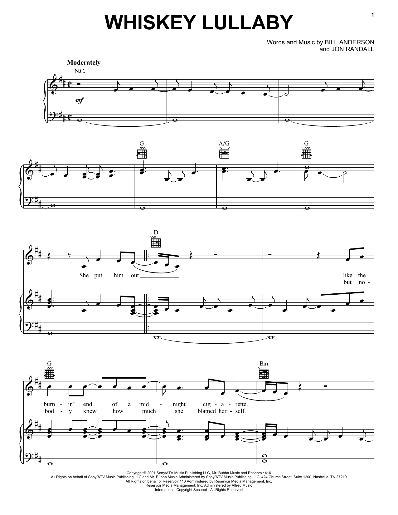 Brad Paisley Whiskey Lullaby Sheet Music Notes & Chords for Piano, Vocal & Guitar (Right-Hand Melody) - Download or Print PDF