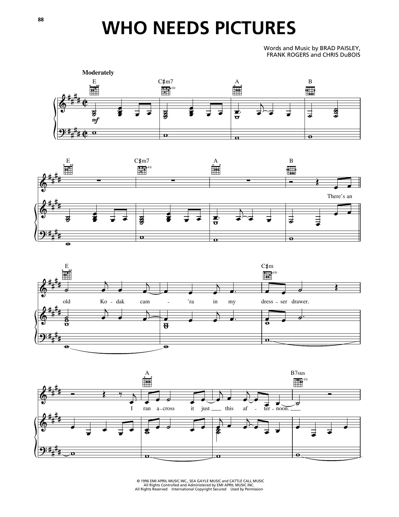 Brad Paisley Who Needs Pictures Sheet Music Notes & Chords for Piano, Vocal & Guitar Chords (Right-Hand Melody) - Download or Print PDF Brad Paisley Who Needs Pictures Sheet Music Notes & Chords for Piano, Vocal & Guitar Chords (Right-Hand Melody) - Download or Print PDF
