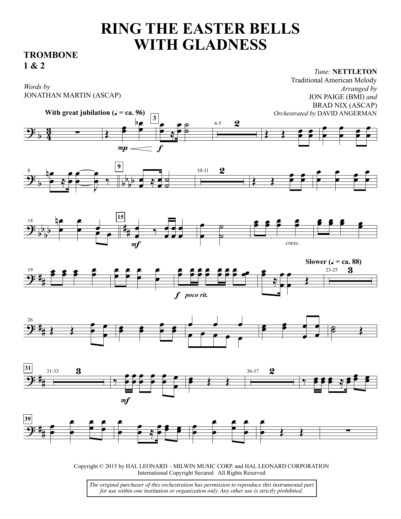 Preview Brad Nix Ring the Easter Bells with Gladness - Trombone 1 & 2 Romantic sheet music, notes and chords for Choir Instrumental Pak, SKU: 345197 Ring the Easter Bells with Gladness - Trombone 1 & 2 sheet music