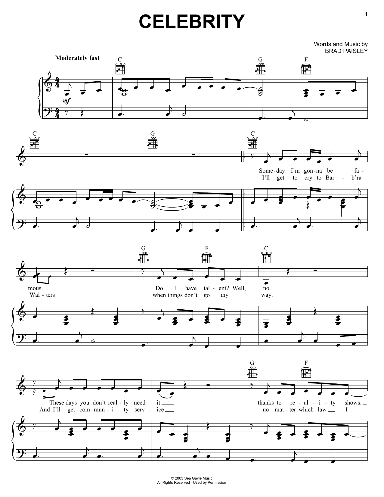 Preview Brad Paisley Celebrity Country sheet music, notes and chords for Piano, Vocal & Guitar (Right-Hand Melody), SKU: 23629 sheet music, piano notes, chords, guitar tabs, score, transpose, transcribe, how to play, guide, download, learn, tutorial, progression, song, artist, awards, billboard, mtv, vh1, tour, single, album, release