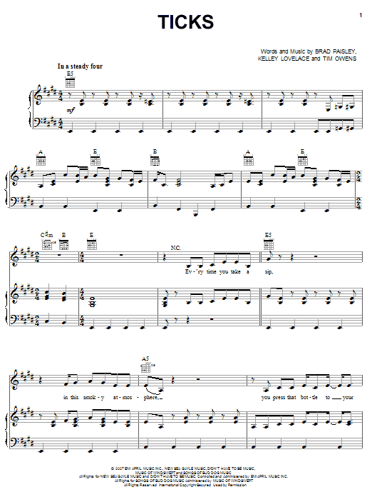 Preview Brad Paisley Ticks Pop sheet music, notes and chords for Easy Guitar Tab, SKU: 64063 Ticks sheet music