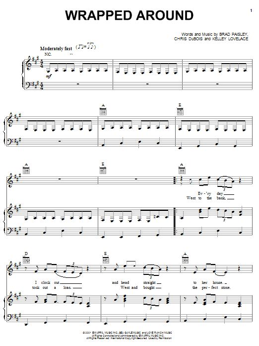 Preview Brad Paisley Wrapped Around Country sheet music, notes and chords for Piano, Vocal & Guitar (Right-Hand Melody), SKU: 18969 sheet music, piano notes, chords, guitar tabs, score, transpose, transcribe, how to play, guide, download, learn, tutorial, progression, song, artist, awards, billboard, mtv, vh1, tour, single, album, release