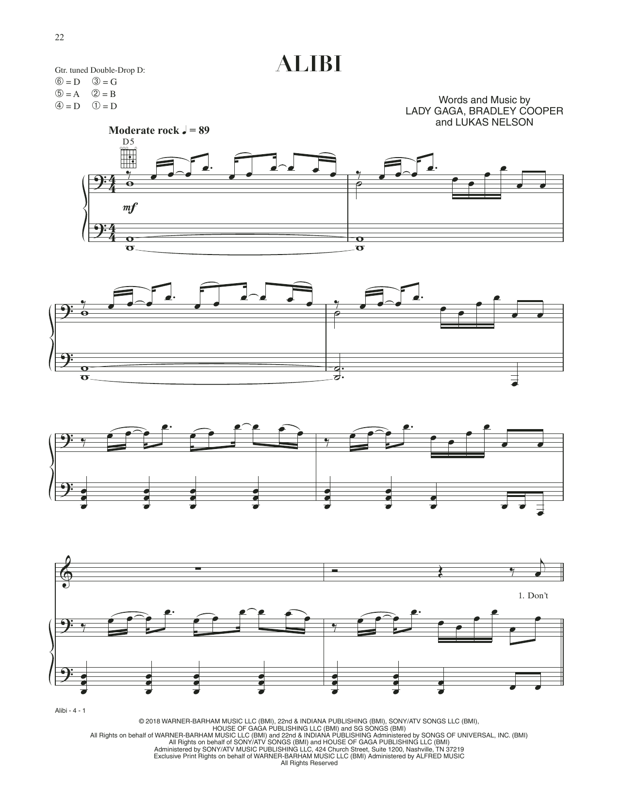 Bradley Cooper Alibi (from A Star Is Born) Sheet Music Notes & Chords for Piano, Vocal & Guitar Chords (Right-Hand Melody) - Download or Print PDF