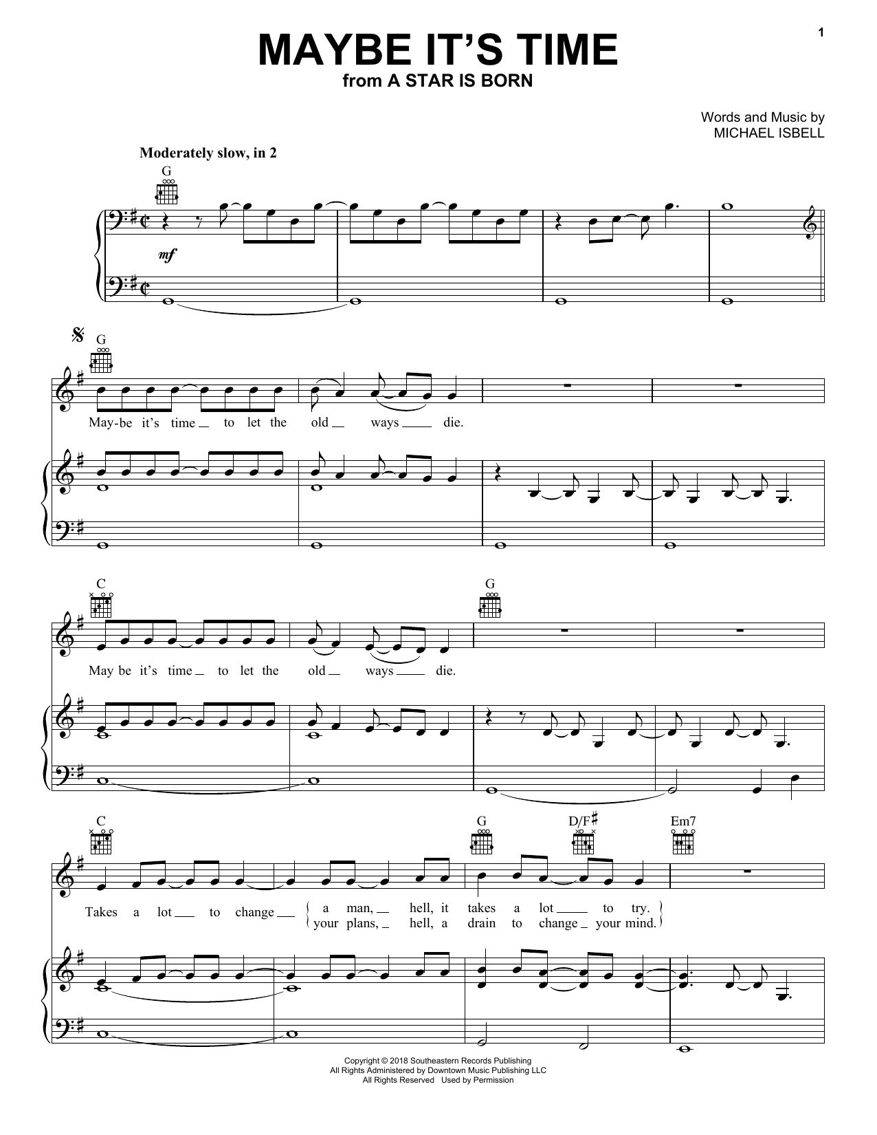 Bradley Cooper Maybe It's Time (from A Star Is Born) Sheet Music Notes & Chords for Piano, Vocal & Guitar (Right-Hand Melody) - Download or Print PDF