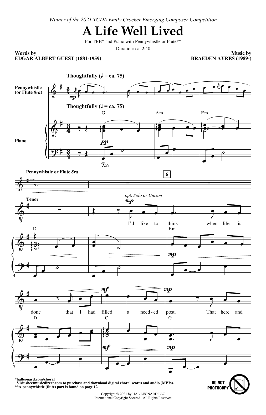 Braeden Ayres A Life Well Lived Sheet Music Notes & Chords for TBB Choir - Download or Print PDF