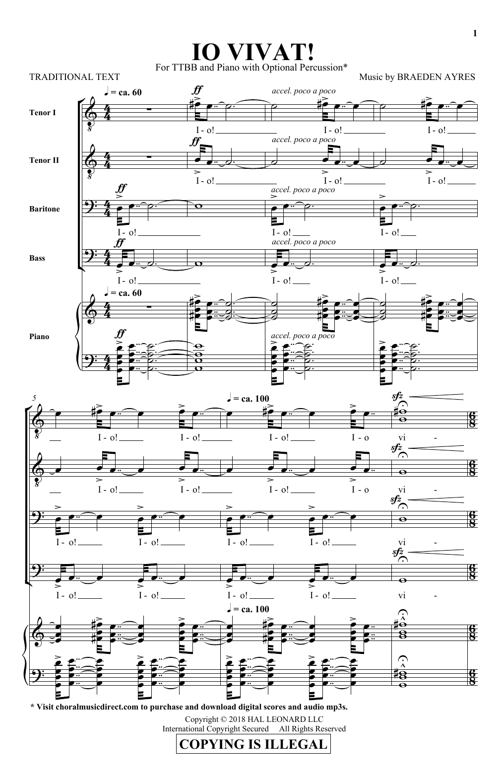 Braeden Ayres Io Vivat! Sheet Music Notes & Chords for TTBB - Download or Print PDF