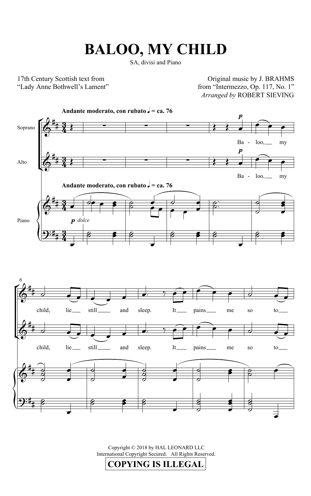 Brahms, Johannes Baloo, My Child (arr. Robert Sieving) Sheet Music Notes & Chords for 2-Part Choir - Download or Print PDF