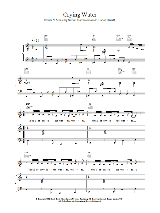 Brand New Heavies Crying Water Sheet Music Notes & Chords for Piano, Vocal & Guitar - Download or Print PDF
