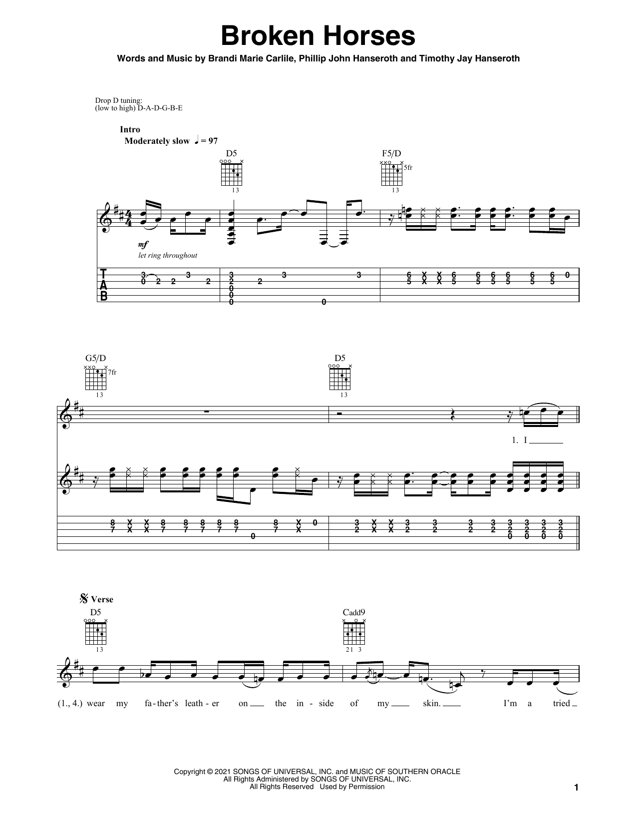 Brandi Carlile Broken Horses Sheet Music Notes & Chords for Solo Guitar - Download or Print PDF