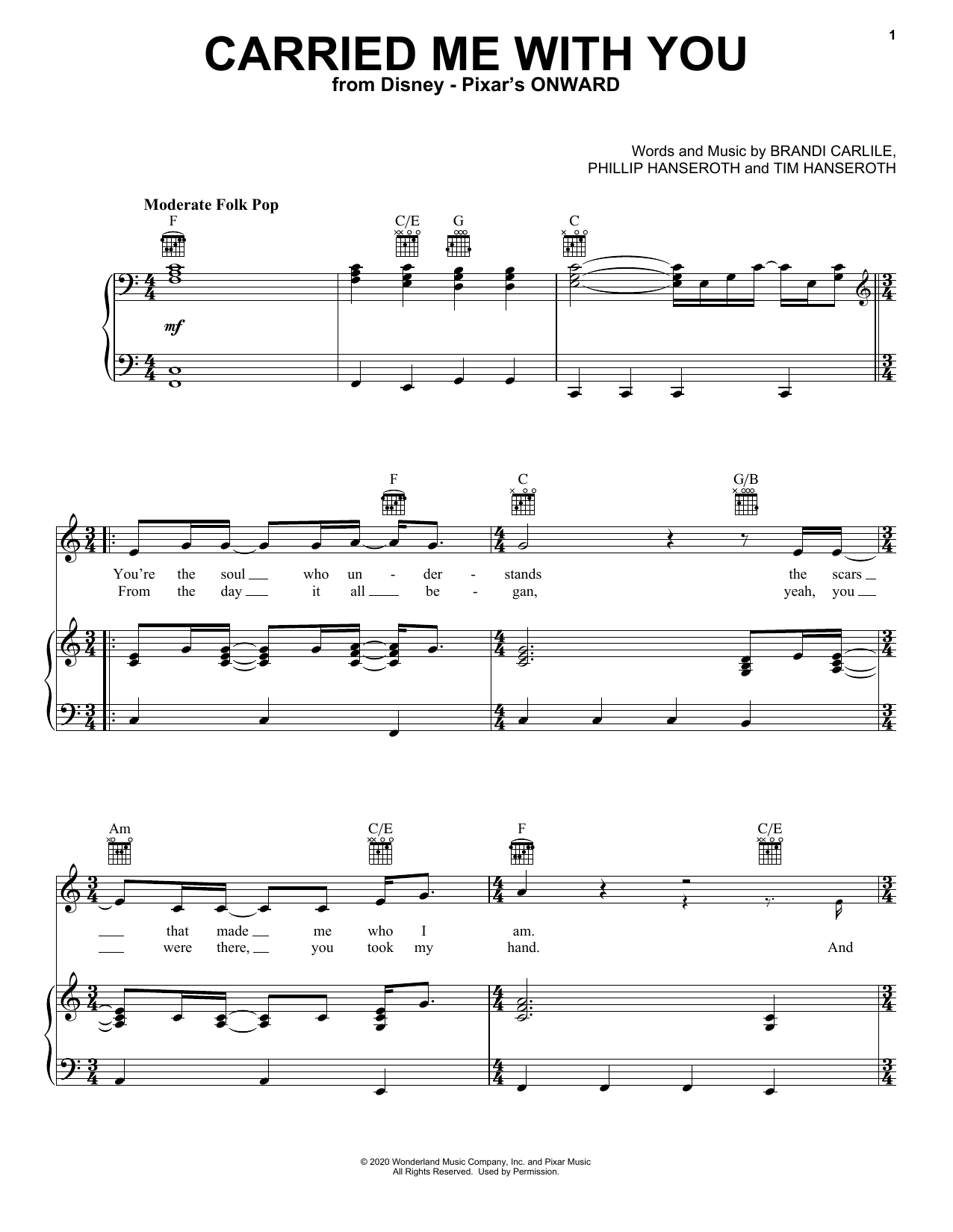 Brandi Carlile Carried Me With You (from Onward) Sheet Music Notes & Chords for Piano, Vocal & Guitar (Right-Hand Melody) - Download or Print PDF