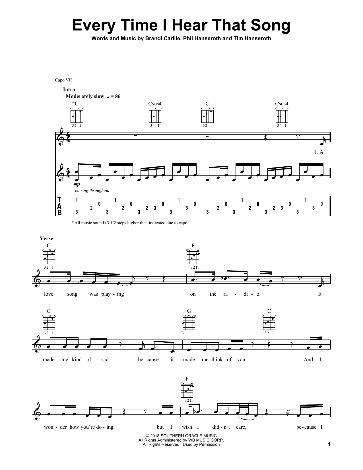 Brandi Carlile Every Time I Hear That Song Sheet Music Notes & Chords for Guitar Tab - Download or Print PDF