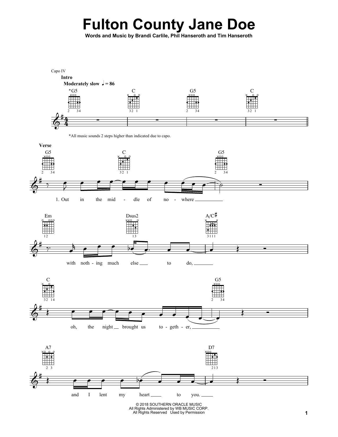 Brandi Carlile Fulton County Jane Doe Sheet Music Notes & Chords for Guitar Tab - Download or Print PDF