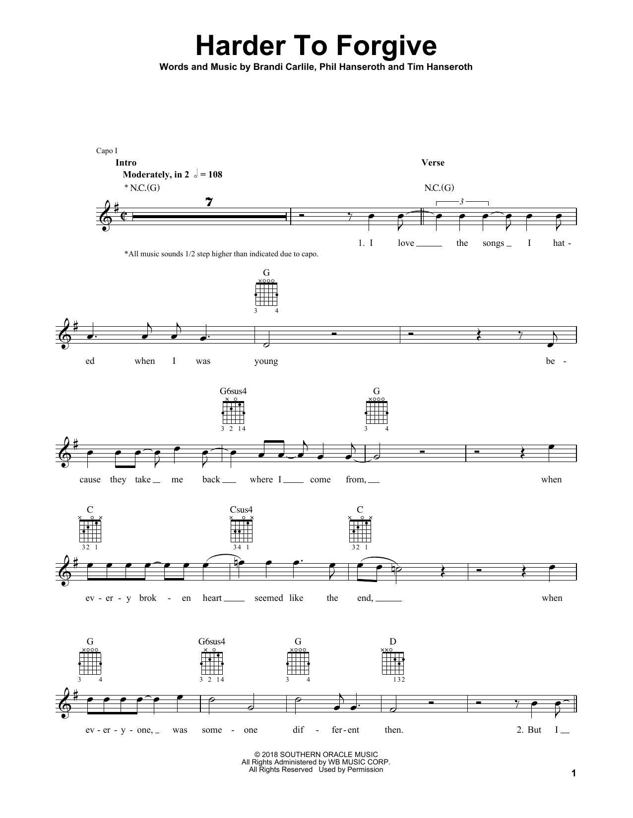 Brandi Carlile Harder To Forgive Sheet Music Notes & Chords for Guitar Tab - Download or Print PDF