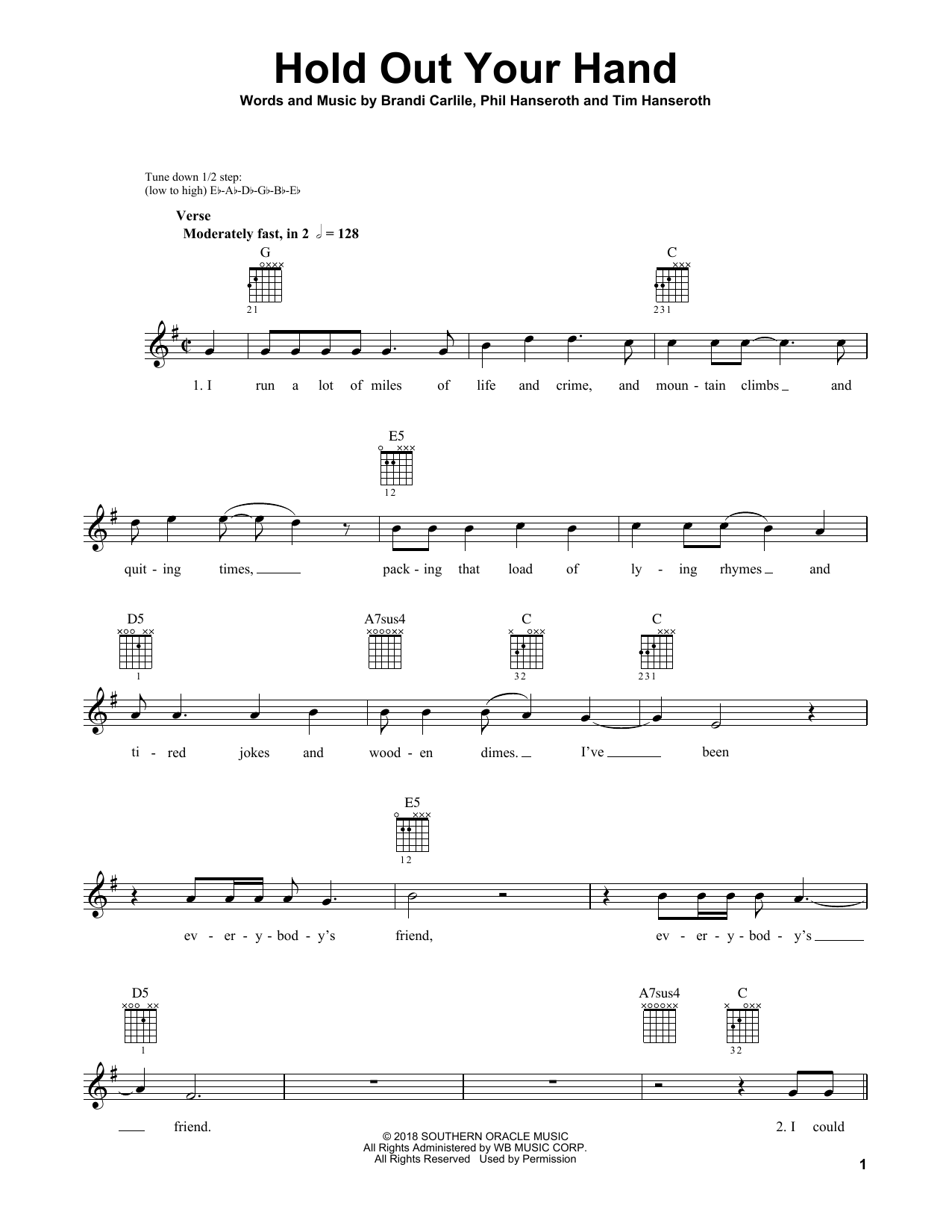 Brandi Carlile Hold Out Your Hand Sheet Music Notes & Chords for Guitar Tab - Download or Print PDF
