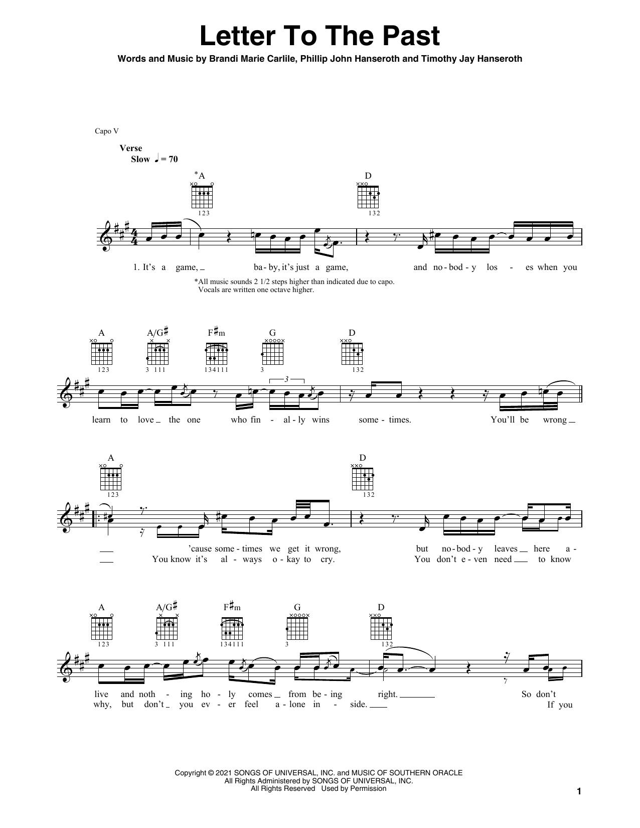 Brandi Carlile Letter To The Past Sheet Music Notes & Chords for Solo Guitar - Download or Print PDF