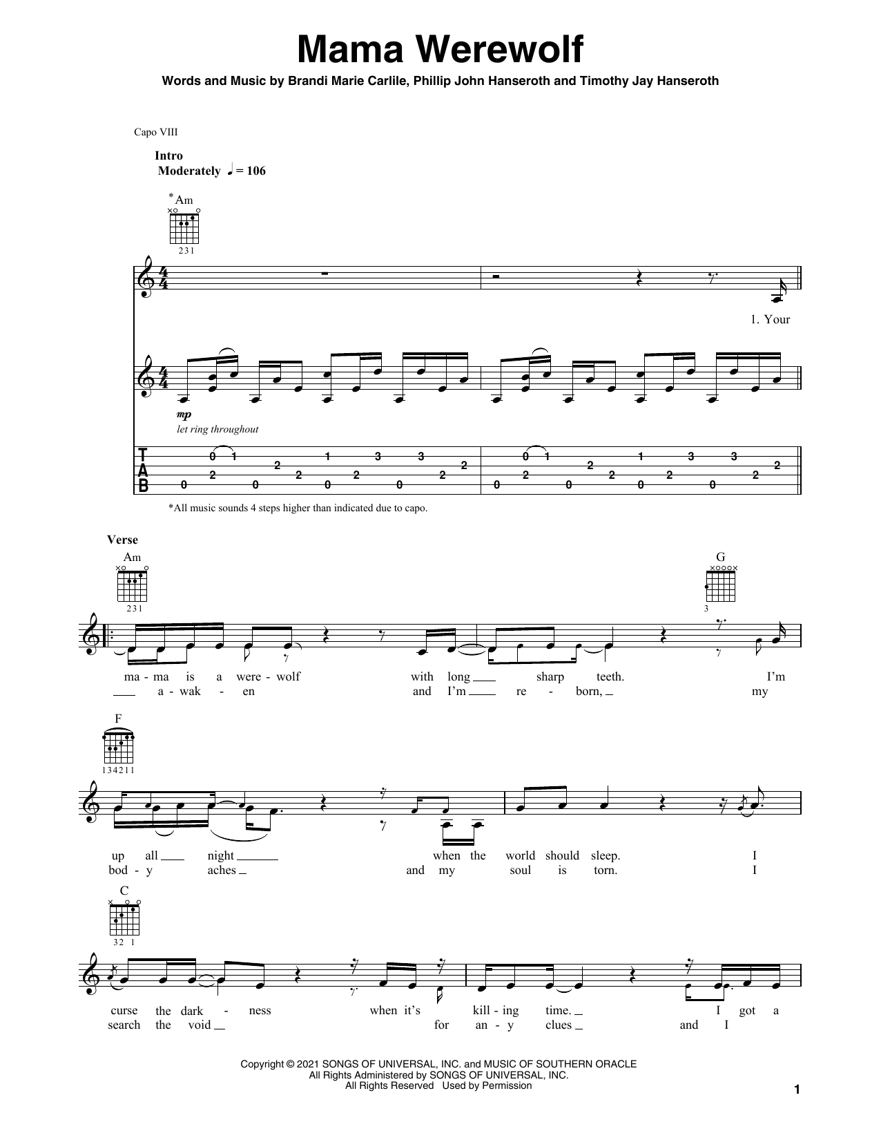 Brandi Carlile Mama Werewolf Sheet Music Notes & Chords for Solo Guitar - Download or Print PDF
