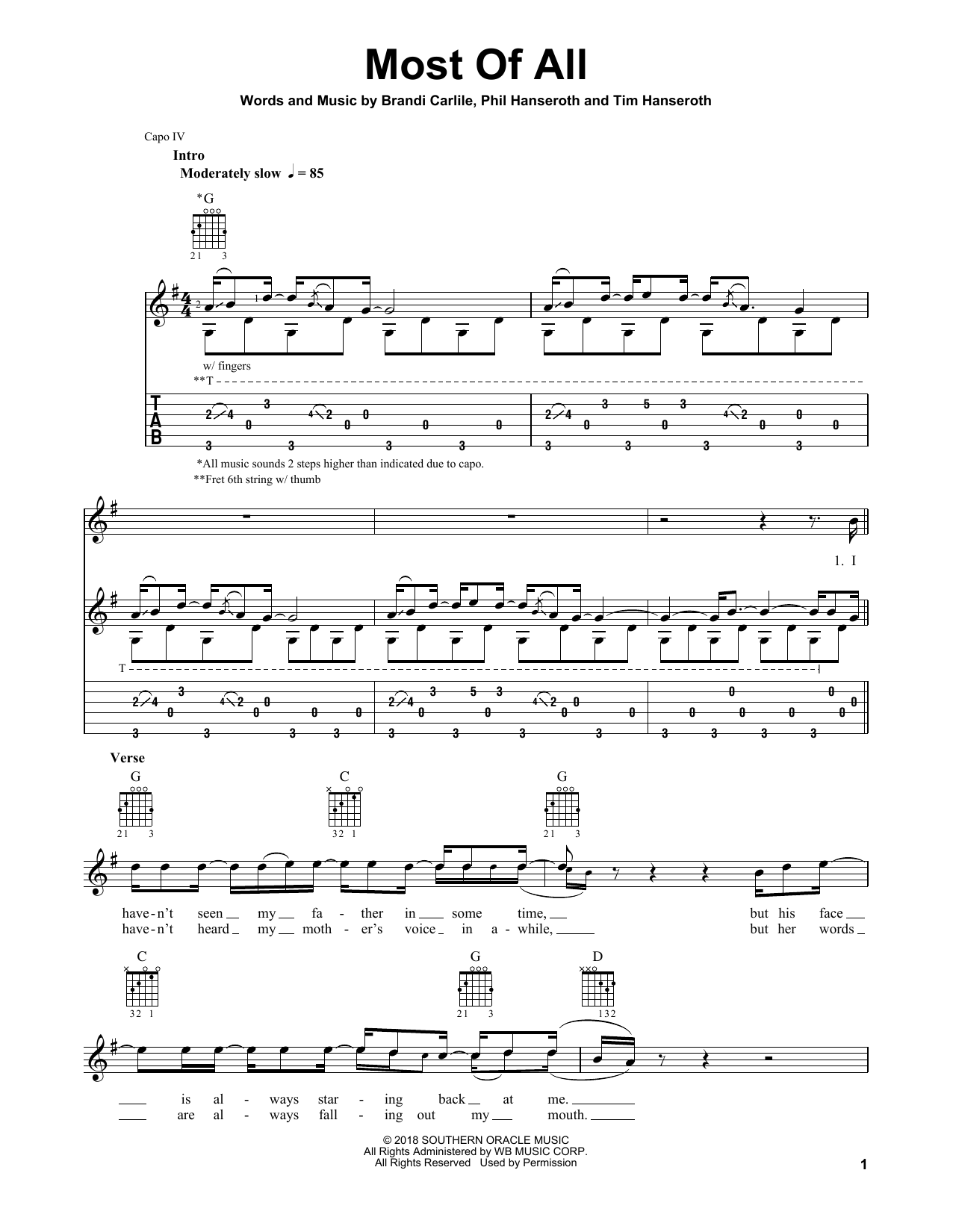 Brandi Carlile Most Of All Sheet Music Notes & Chords for Guitar Tab - Download or Print PDF