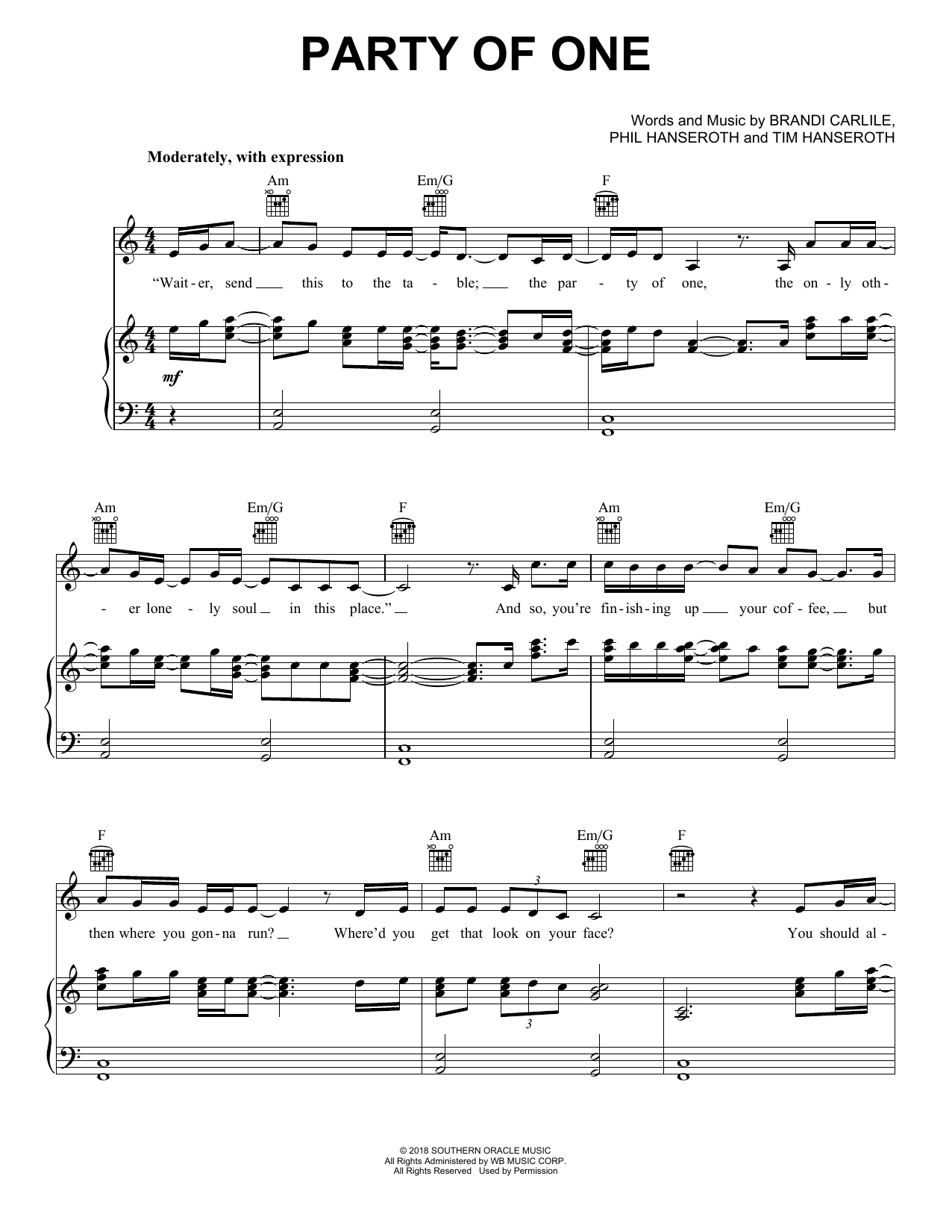 Brandi Carlile Party Of One (feat. Sam Smith) Sheet Music Notes & Chords for Piano, Vocal & Guitar (Right-Hand Melody) - Download or Print PDF Brandi Carlile Party Of One (feat. Sam Smith) Sheet Music Notes & Chords for Piano, Vocal & Guitar (Right-Hand Melody) - Download or Print PDF