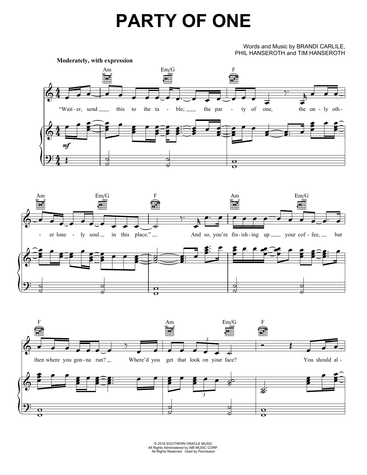 Brandi Carlile Party Of One (feat. Sam Smith) Sheet Music Notes & Chords for Piano, Vocal & Guitar (Right-Hand Melody) - Download or Print PDF
