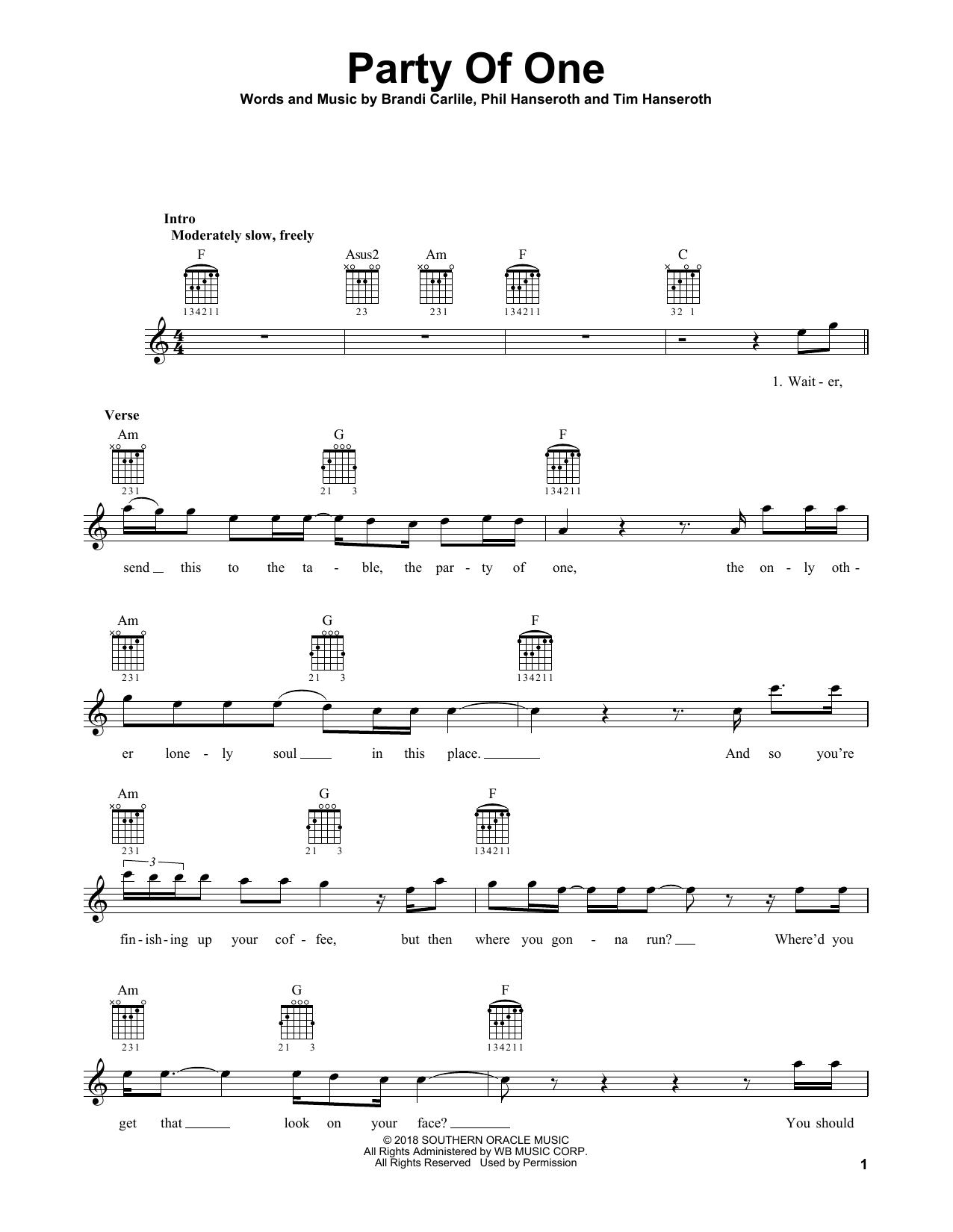 Brandi Carlile Party Of One Sheet Music Notes & Chords for Guitar Tab - Download or Print PDF