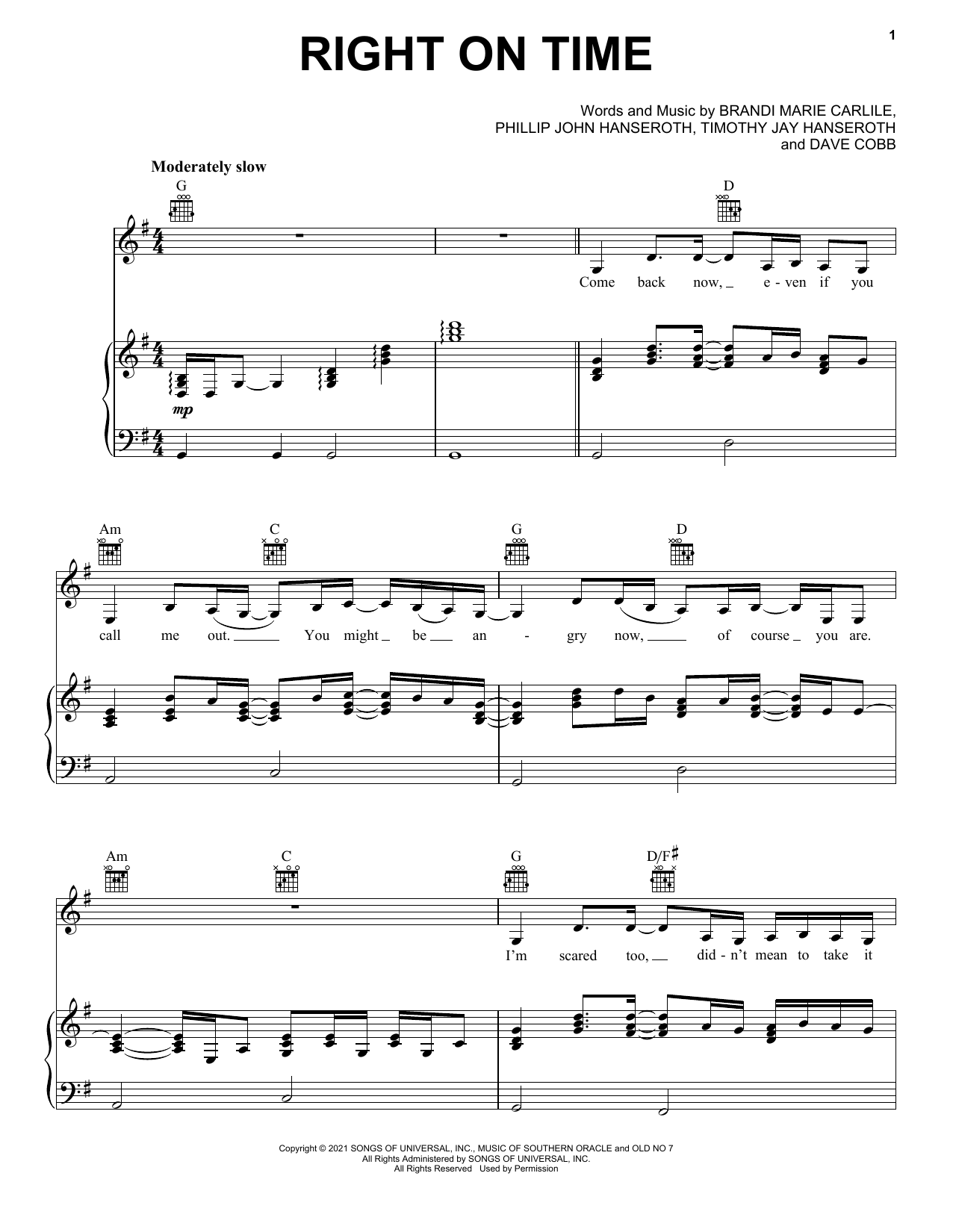 Brandi Carlile Right On Time Sheet Music Notes & Chords for Easy Guitar Tab - Download or Print PDF