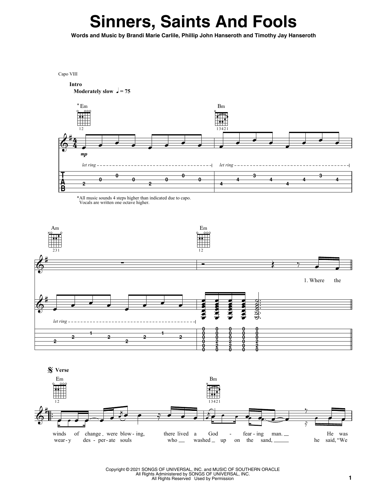Brandi Carlile Sinners, Saints And Fools Sheet Music Notes & Chords for Solo Guitar - Download or Print PDF