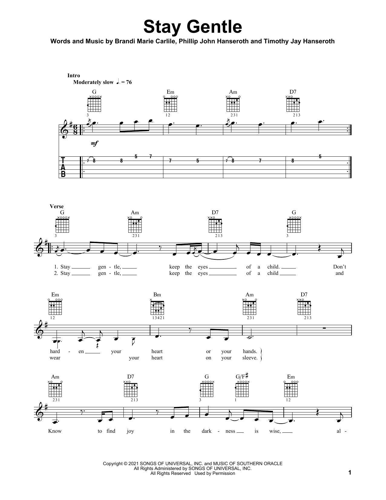 Brandi Carlile Stay Gentle Sheet Music Notes & Chords for Solo Guitar - Download or Print PDF