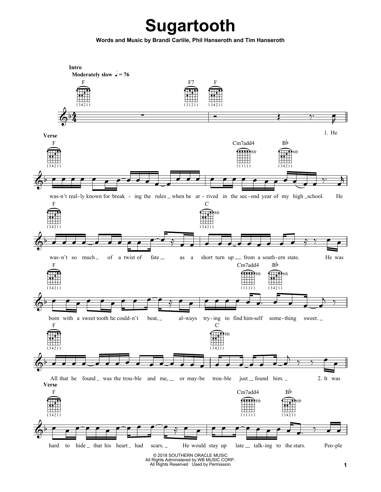 Brandi Carlile Sugartooth Sheet Music Notes & Chords for Guitar Tab - Download or Print PDF