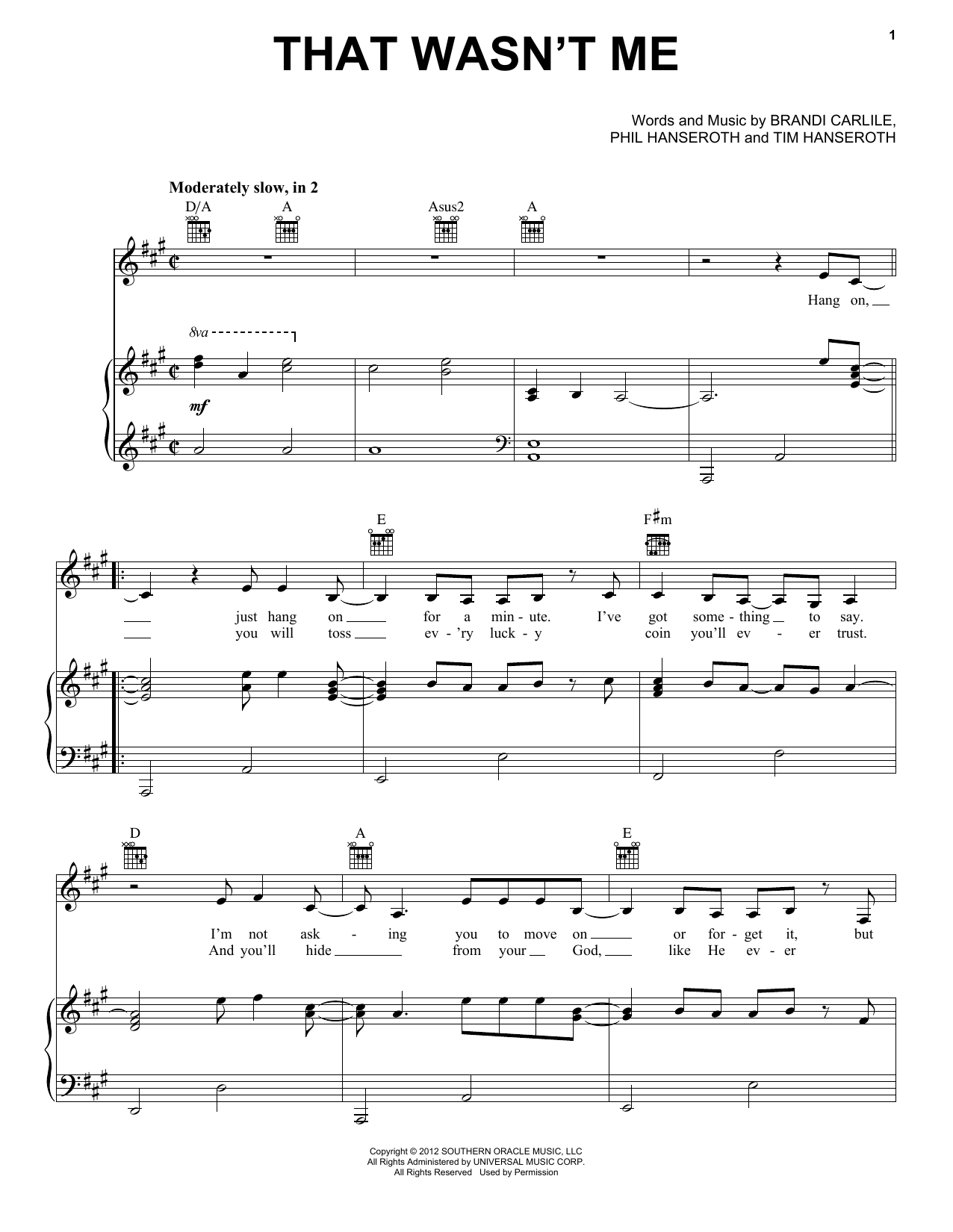 Brandi Carlile That Wasn't Me Sheet Music Notes & Chords for Piano, Vocal & Guitar (Right-Hand Melody) - Download or Print PDF