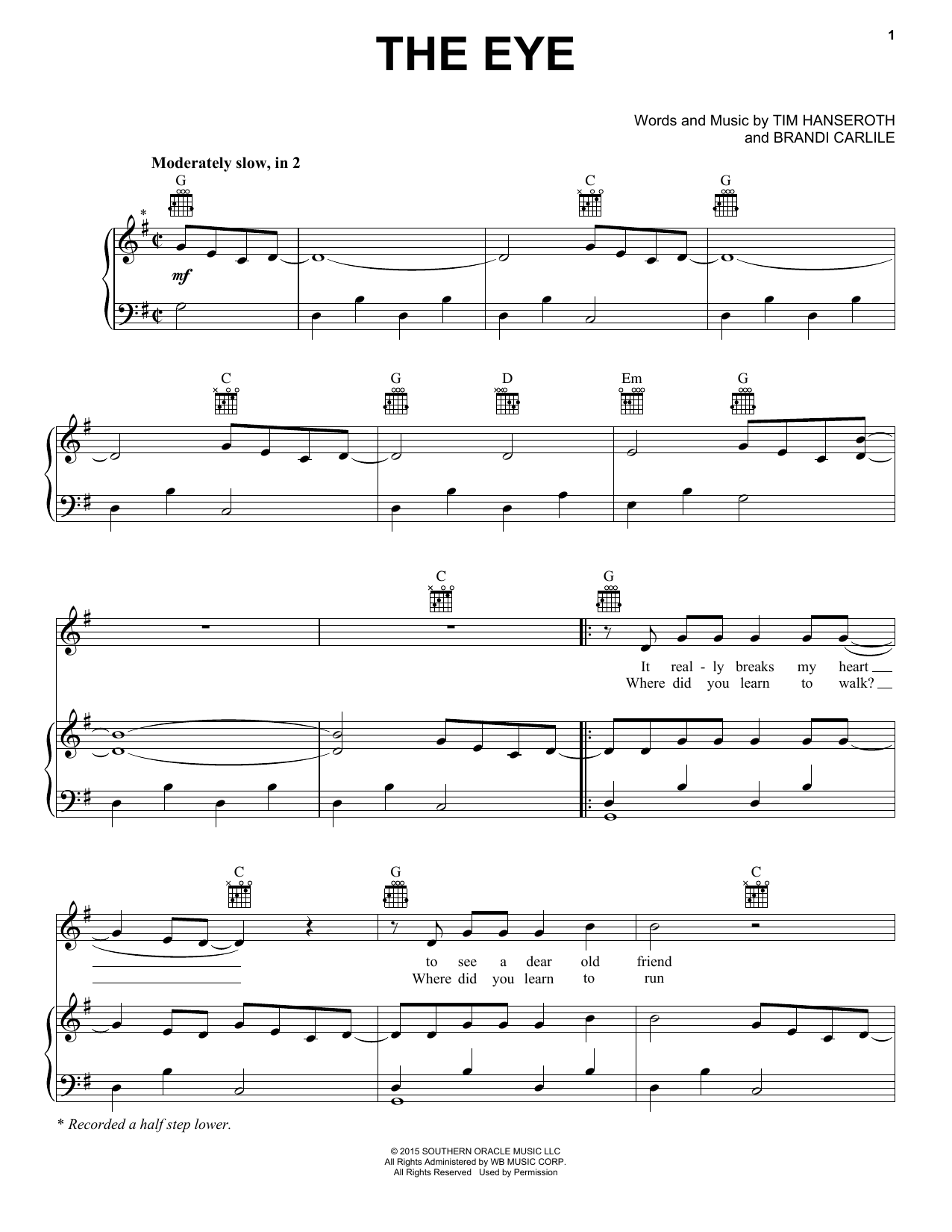 Brandi Carlile The Eye Sheet Music Notes & Chords for Piano, Vocal & Guitar (Right-Hand Melody) - Download or Print PDF