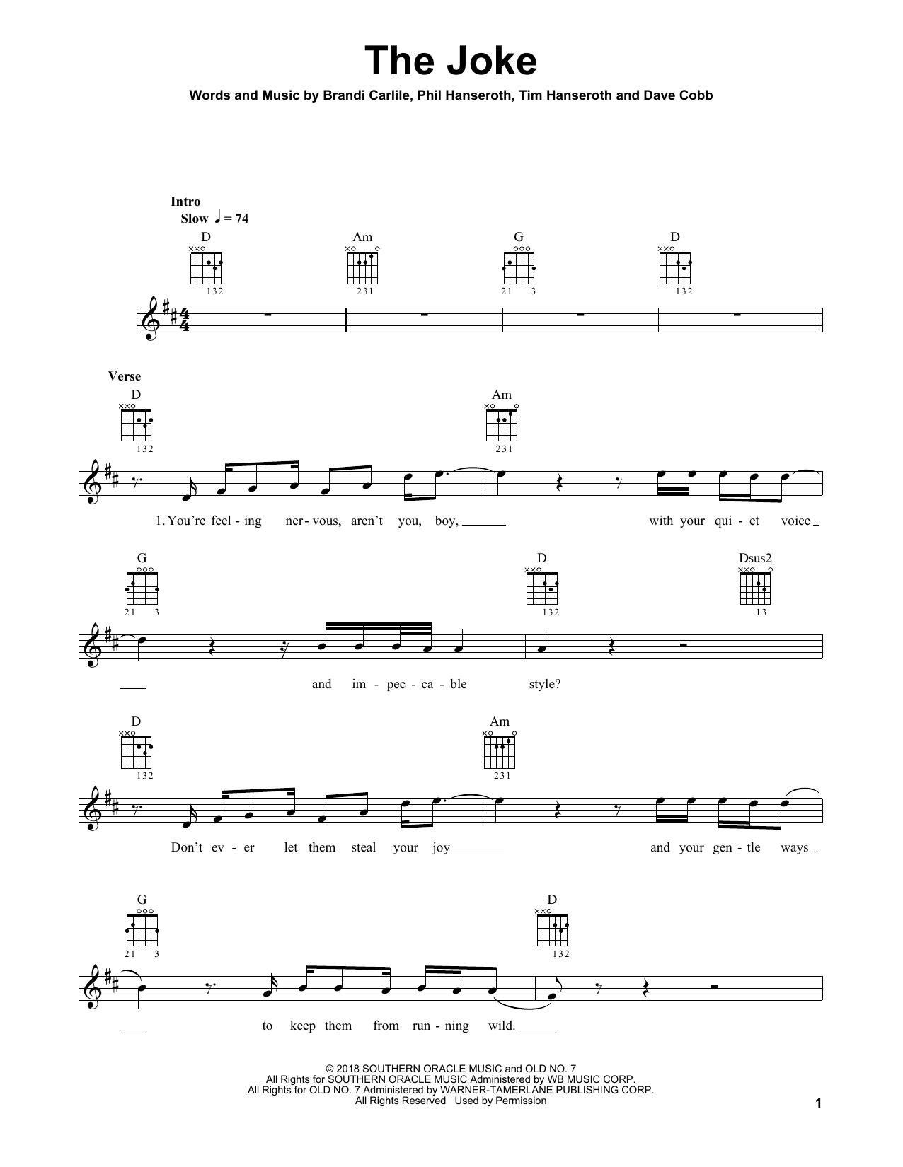 Brandi Carlile The Joke Sheet Music Notes & Chords for Piano, Vocal & Guitar (Right-Hand Melody) - Download or Print PDF