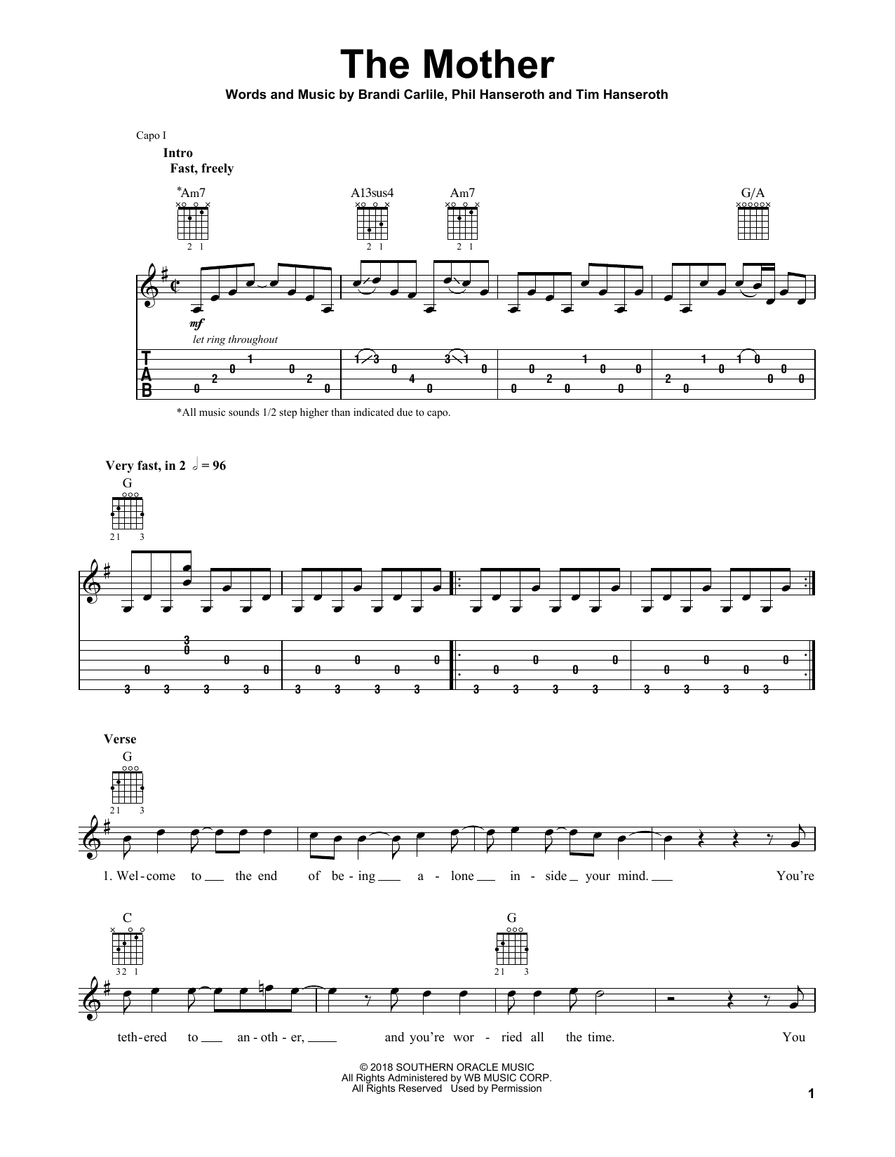 Brandi Carlile The Mother Sheet Music Notes & Chords for Guitar Tab - Download or Print PDF