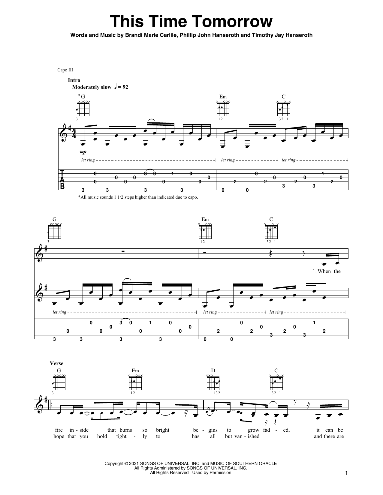 Brandi Carlile This Time Tomorrow Sheet Music Notes & Chords for Solo Guitar - Download or Print PDF