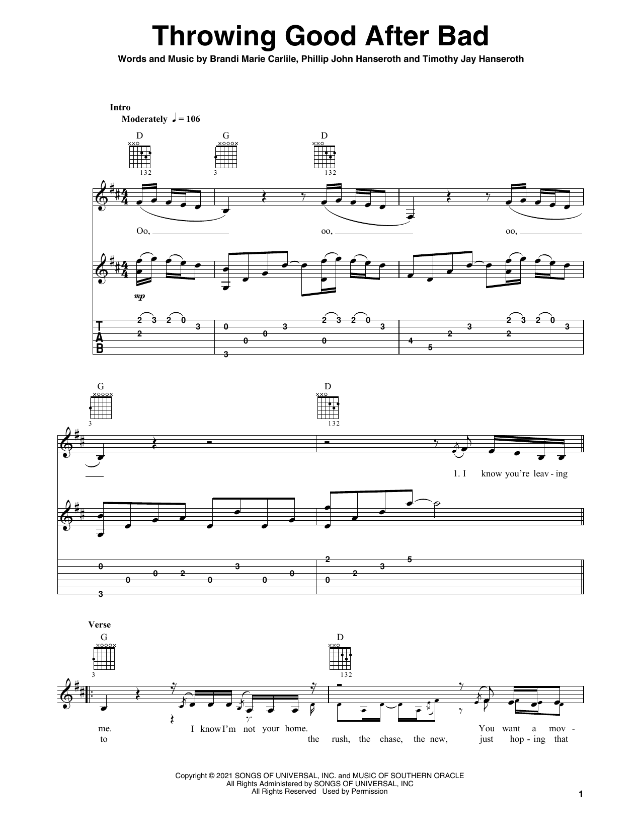 Brandi Carlile Throwing Good After Bad Sheet Music Notes & Chords for Solo Guitar - Download or Print PDF